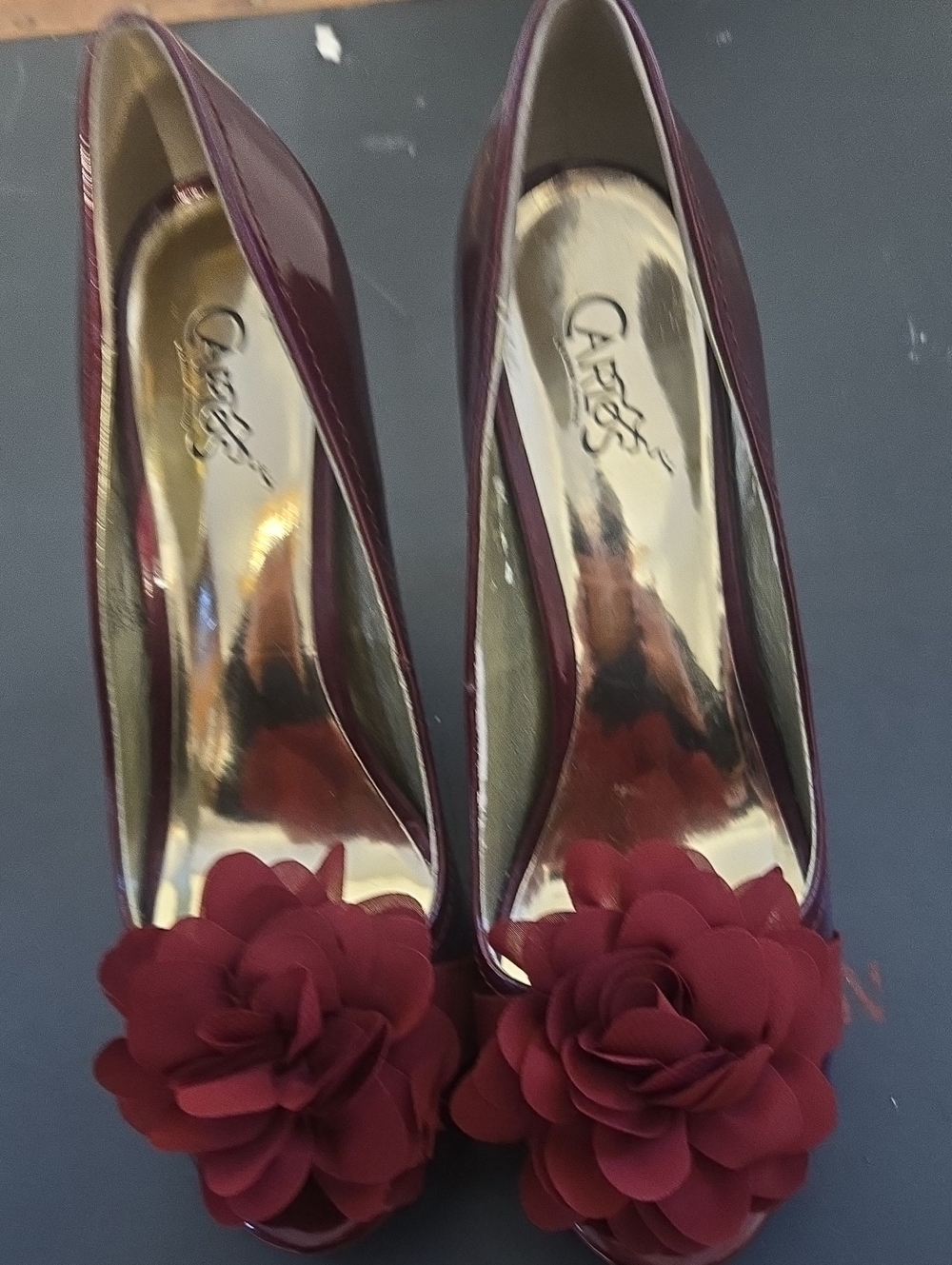 Carlos By Carlos Santana Burgundy Floral Peep-Toe Pumps with Flower Accent Sz8